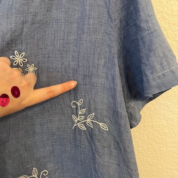 VTG Josephine Chaus 100% Linen Embroidery Button Up Shirt L Blue Coastal Grandma - Picture 13 of 13